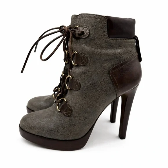 Tory Burch Lawson Bootie Pewter Brown Leather Platform Stiletto Ankle Boots 8.5 - Picture 4 of 17